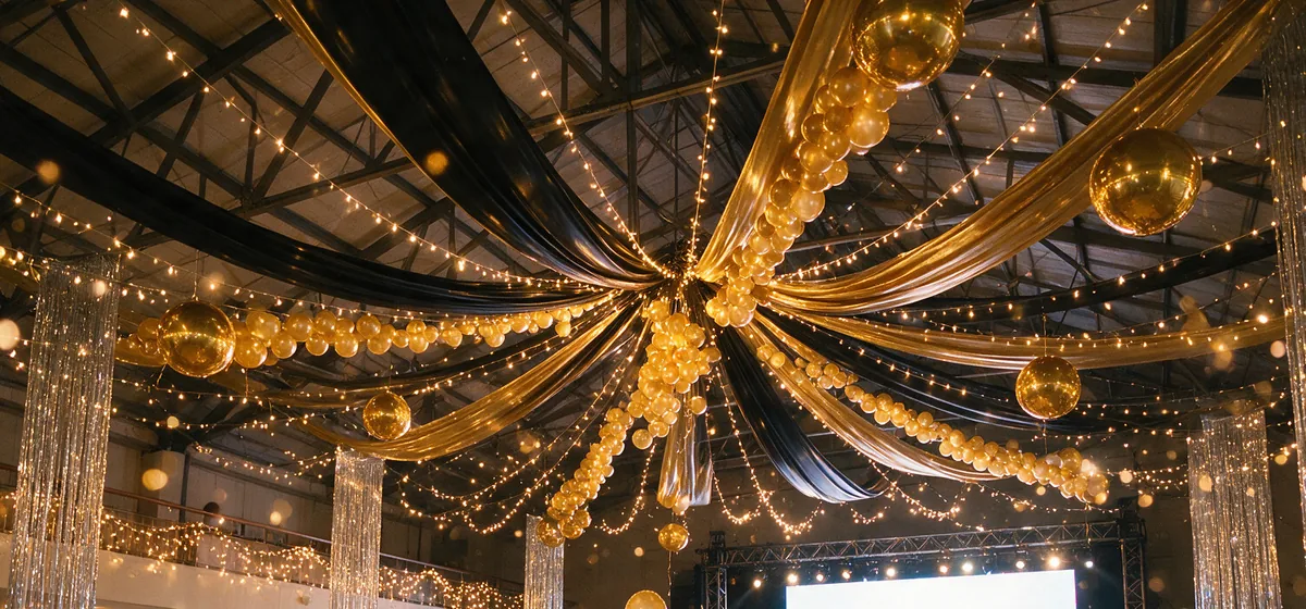 The decorated ceiling of Lovarda with string lights and balloons